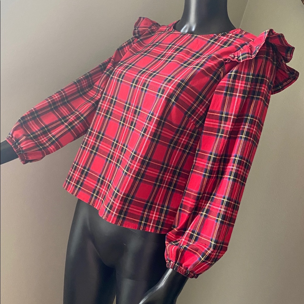 Harper Heritage Red Black & Blue Plaid Ruffle Sleeve Longsleeve Top - Picture 4 of 10